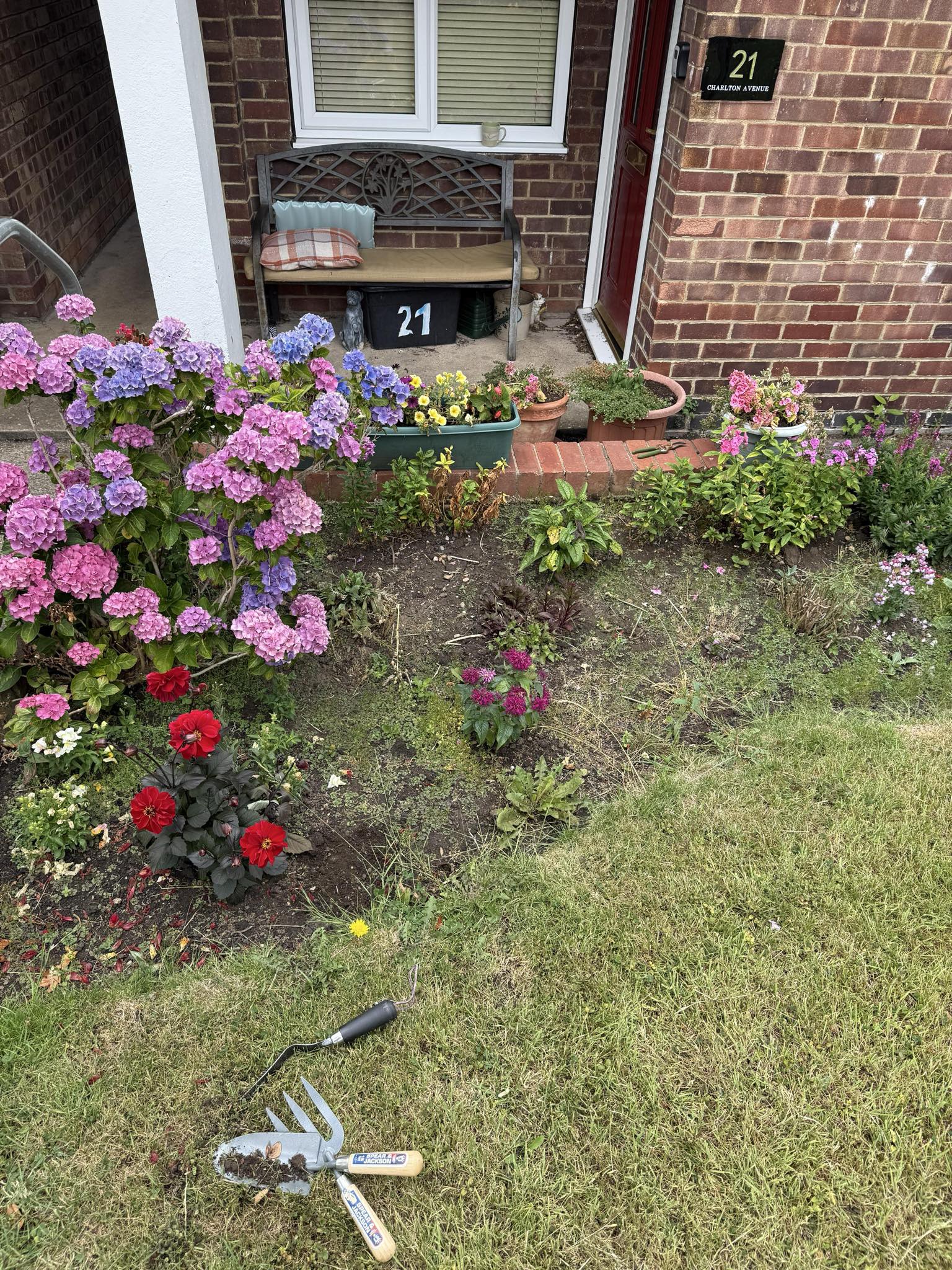 Before garden makeover - flower beds and lawn area 1
